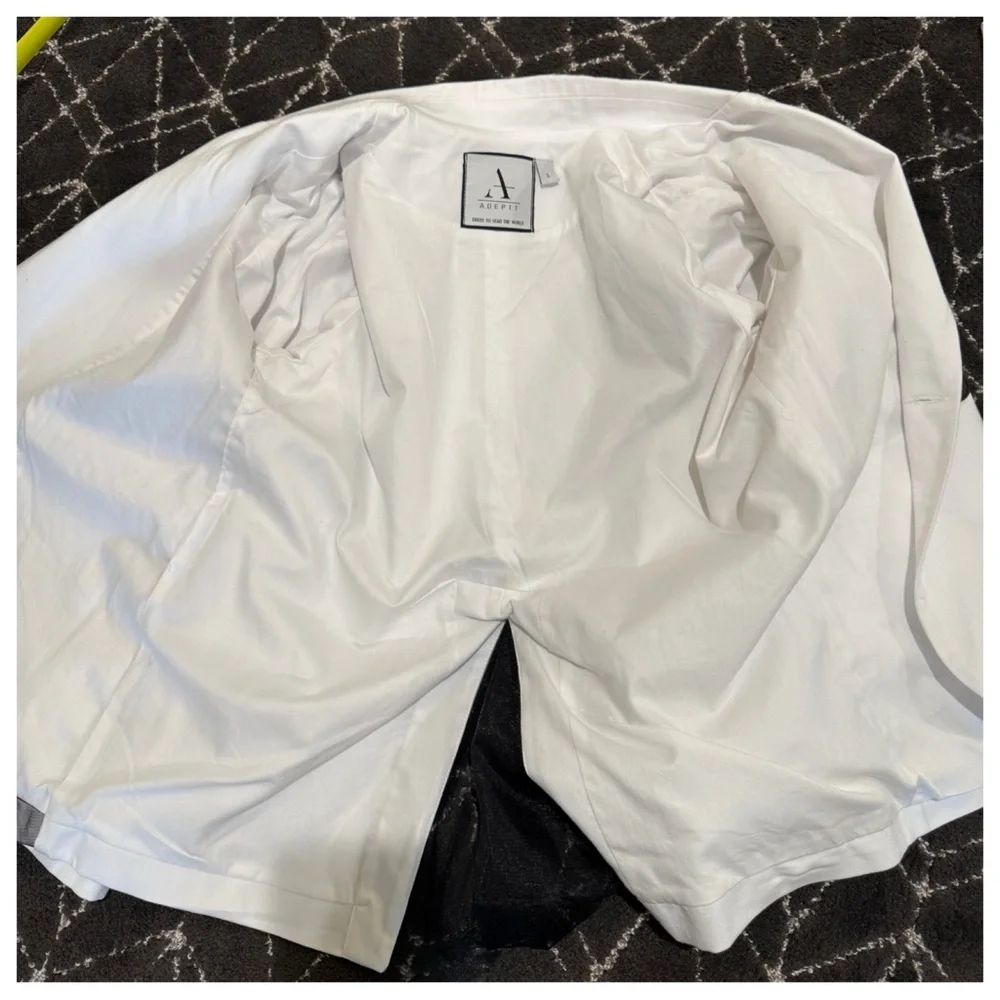 Adeptt white blazer with black tulle draping